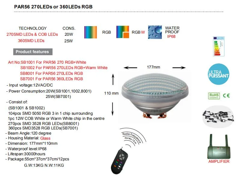PAR56 12V 20W 270LEDs Glass Swimming Pool Lamp Underwater LED Light RGB with Remote Control&lt;Sb8001&gt;