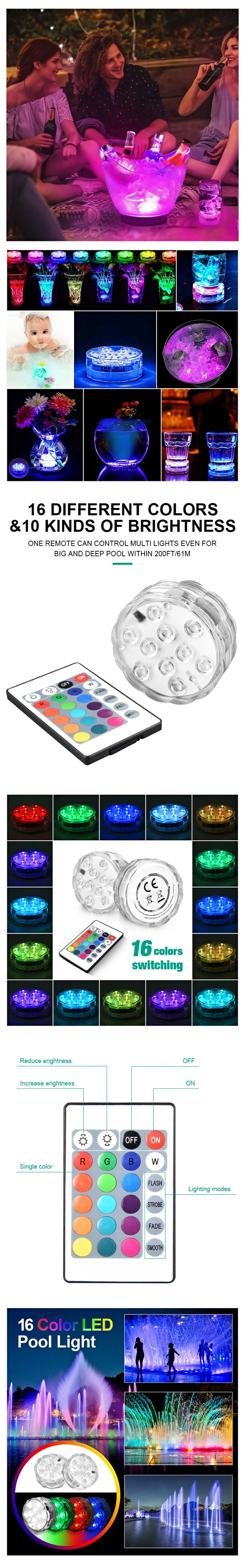 10 LEDs Remote Control Waterproof IP68 RGB Submersible Pool Light